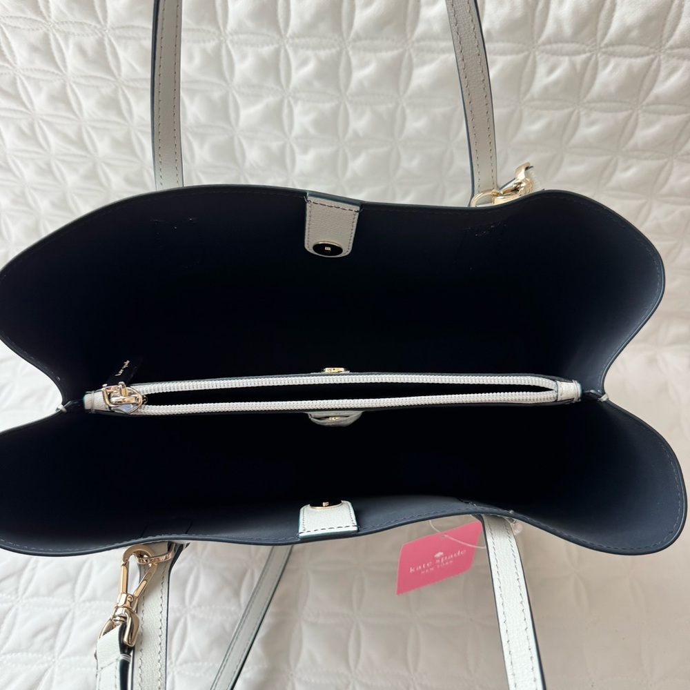 NWT Kate Spade Harper Satchel Bag in Moonlight Gray Leather Navy Interior. - Picture 13 of 16